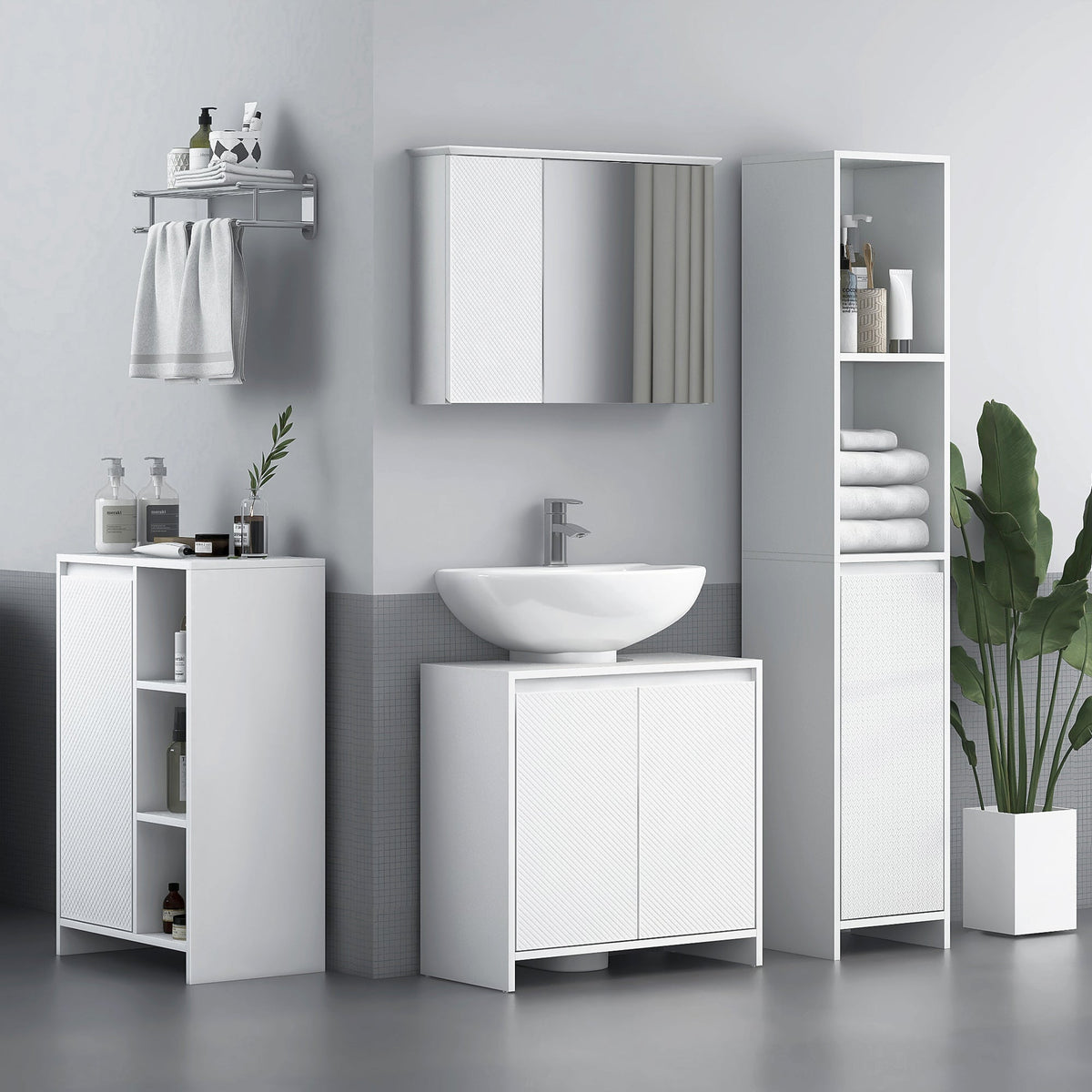 White homcom sink bathroom cabinet with glossy finish and diamond-patterned doors for under sink storage