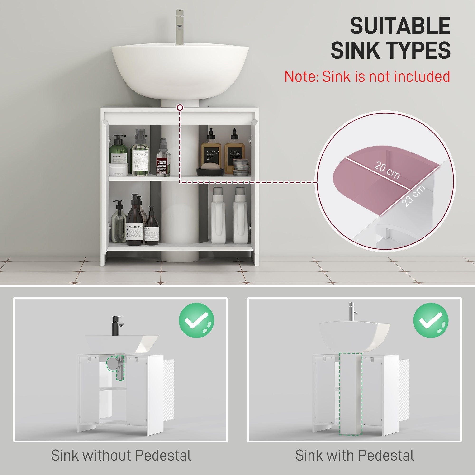 White homcom sink bathroom cabinet with 2 doors and shelves fits pedestal and non-pedestal sinks