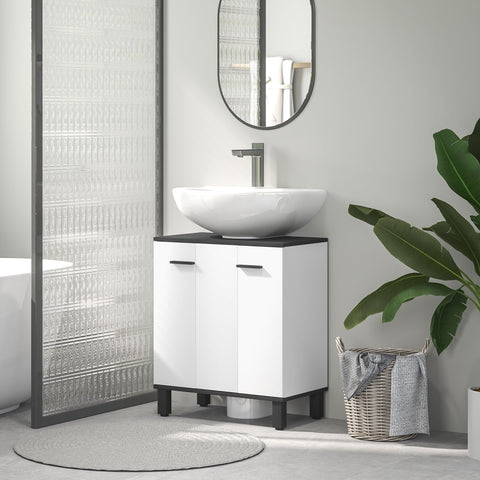 HOMCOM Under Sink Bathroom Cabinet, Modern Under Sink Cabinet with Adjustable Shelf for Basin with or without Pedestal, 60 x 34 x 70cm, High Gloss White