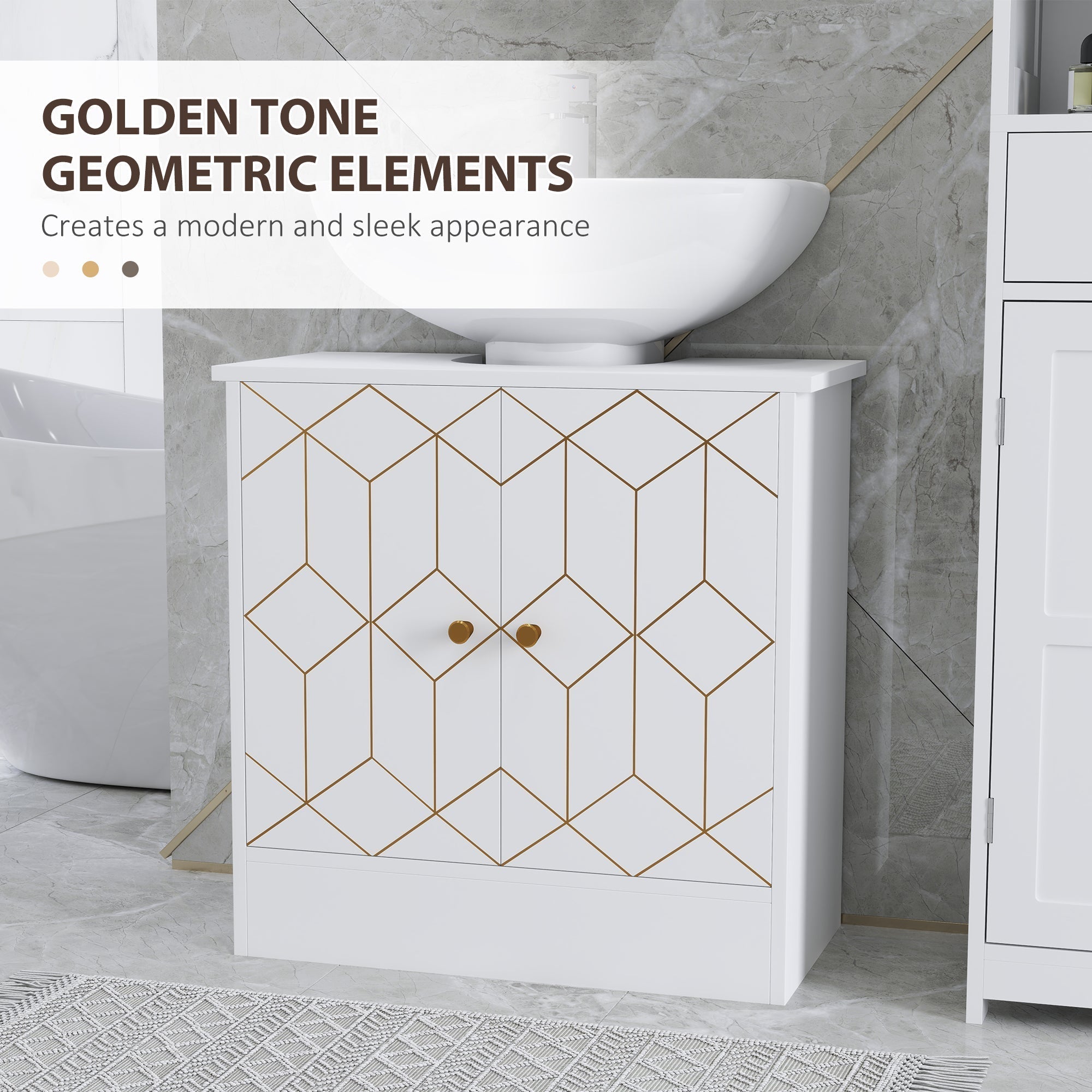 White homcom under sink bathroom cabinet with golden geometric patterns adjustable shelf and two open compartments
