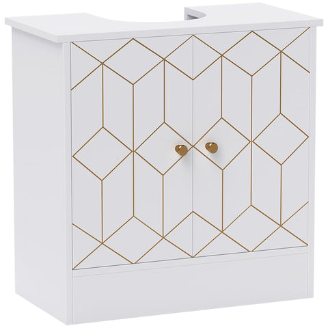 White under sink bathroom cabinet with adjustable shelf, gold geometric pattern, and two open compartments