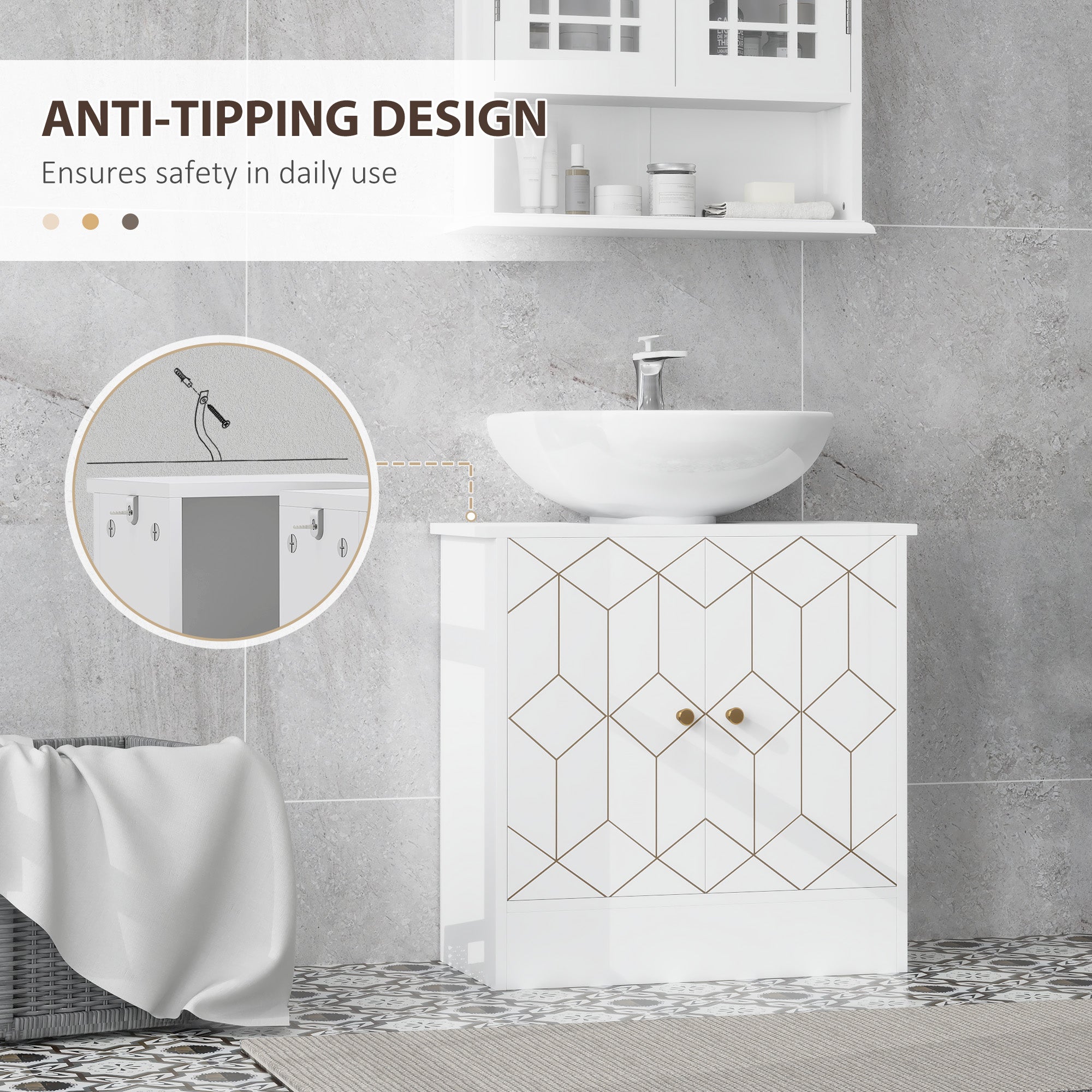 White homcom under sink bathroom cabinet with adjustable shelf, geometric black lines, gold knobs, and two open compartments