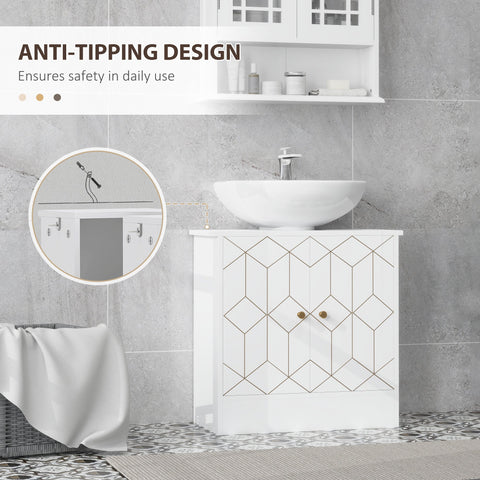 White homcom under sink bathroom cabinet with adjustable shelf, geometric black lines, gold knobs, and two open compartments