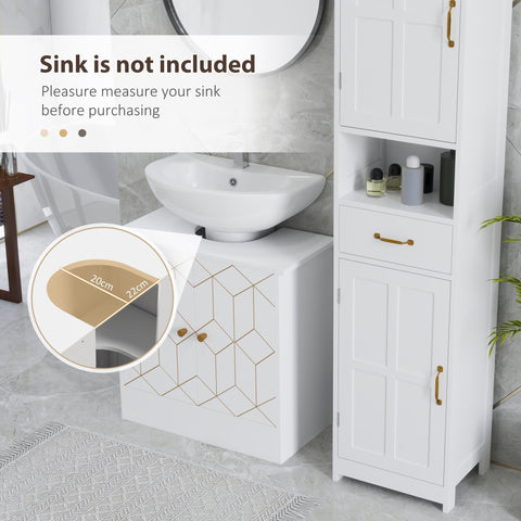 White homcom under sink bathroom cabinet with adjustable shelf and two open compartments in gold geometric design