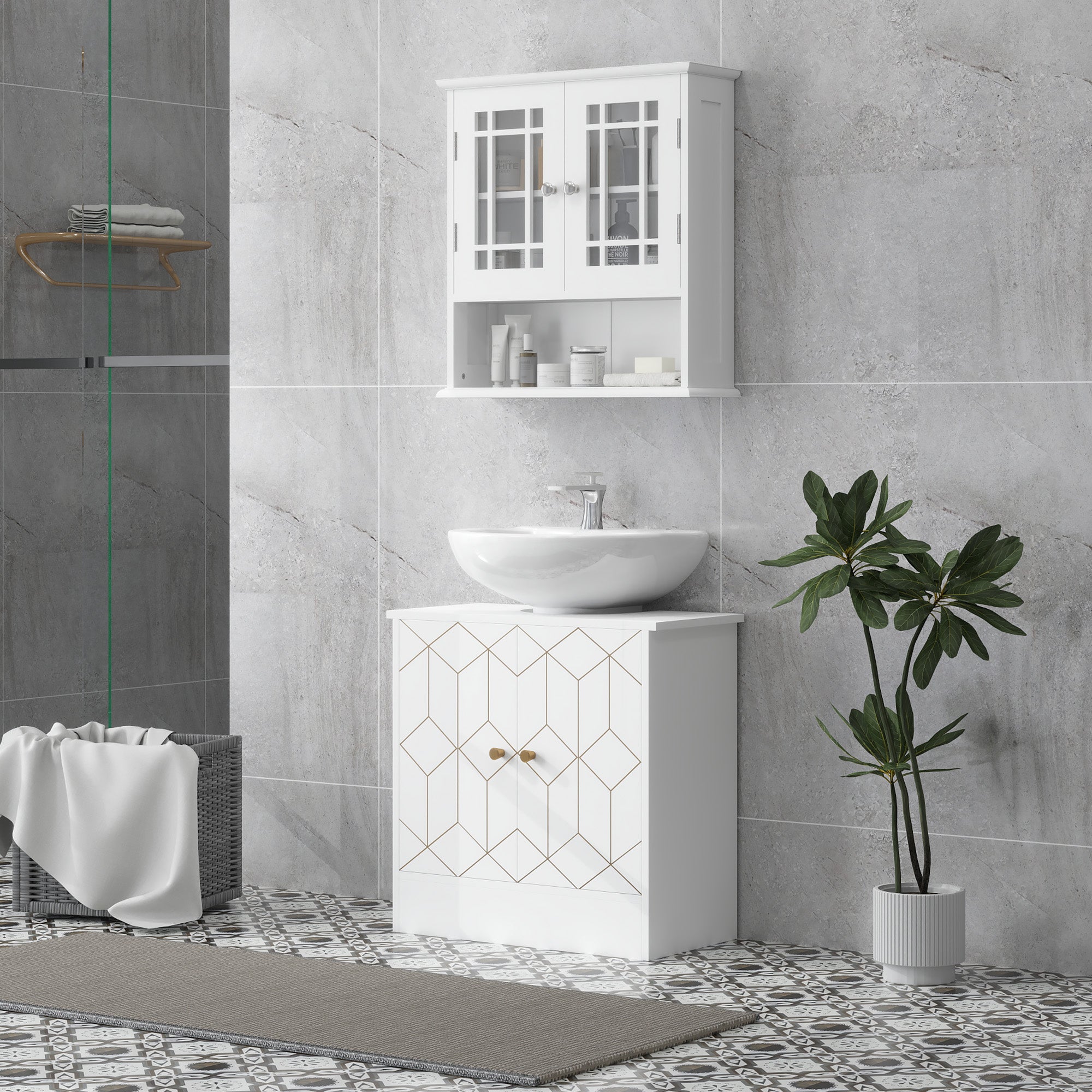 White sink bathroom vanity with adjustable shelf and two open compartments featuring diamond-patterned doors and gold handles