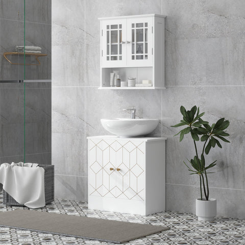 White sink bathroom vanity with adjustable shelf and two open compartments featuring diamond-patterned doors and gold handles