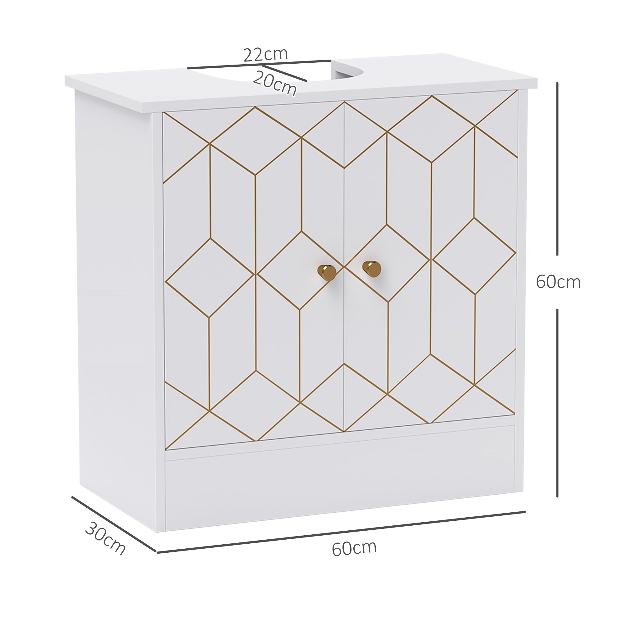 White homcom under sink bathroom cabinet with gold geometric pattern adjustable shelf and two open compartments