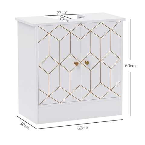 White homcom under sink bathroom cabinet with gold geometric pattern adjustable shelf and two open compartments