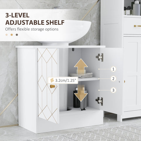 White homcom under sink bathroom cabinet with adjustable shelf and two open compartments for sink bathroom use