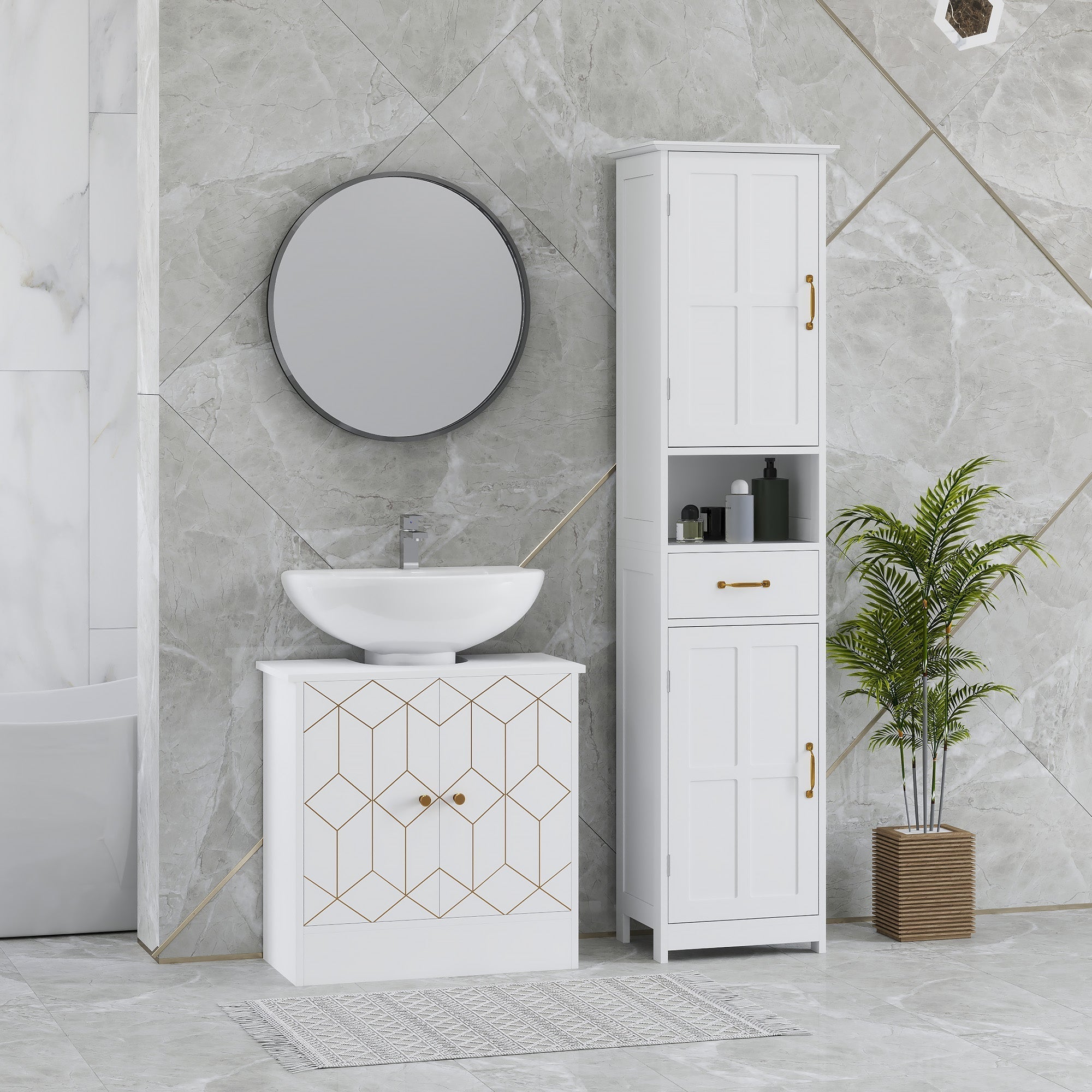 White HOMCOM under sink bathroom cabinet with adjustable shelf and two open compartments featuring gold-trimmed doors