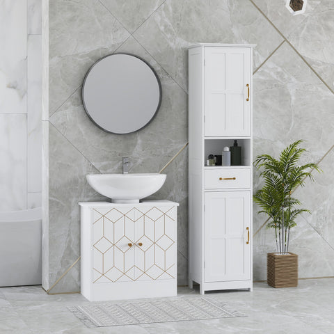 White HOMCOM under sink bathroom cabinet with adjustable shelf and two open compartments featuring gold-trimmed doors
