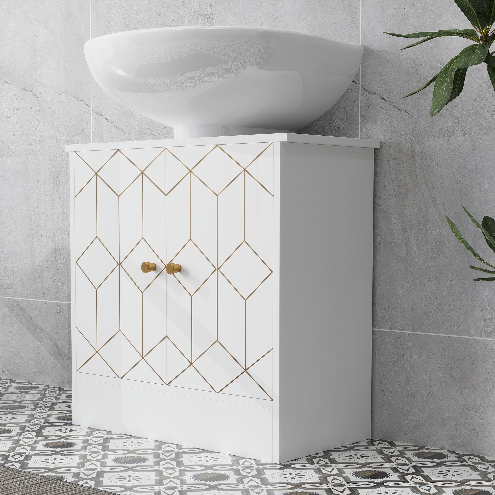 White homcom under sink bathroom cabinet with gold diamond pattern wooden knobs adjustable shelf and two open compartments