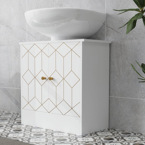 White homcom under sink bathroom cabinet with gold diamond pattern wooden knobs adjustable shelf and two open compartments