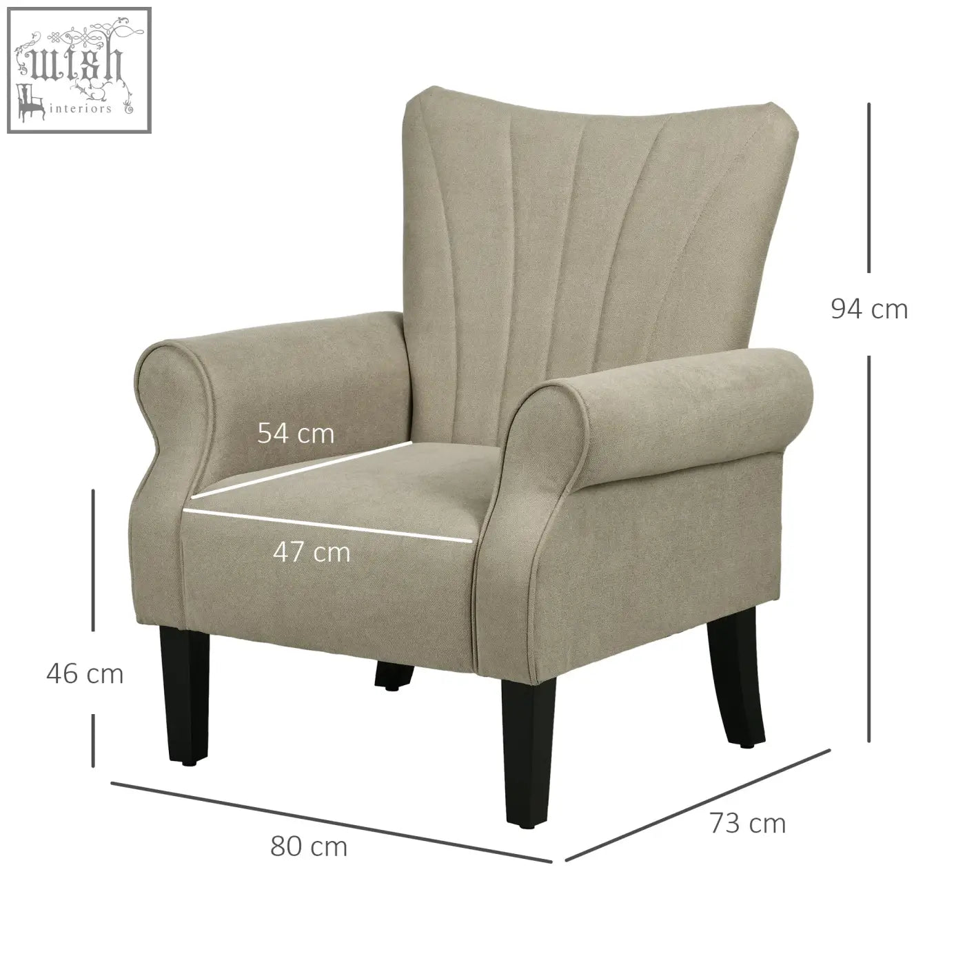 Beige upholstered accent chair with tufted back, rolled curved arms, thick padding, and wooden frame legs