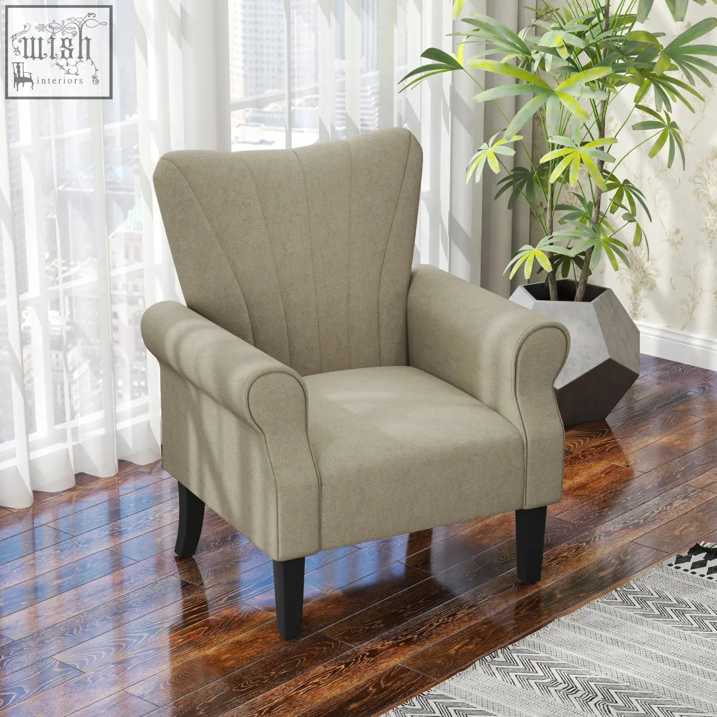 Beige upholstered accent chair with soft thick padding, curved arms, and wooden frame legs for comfy seating