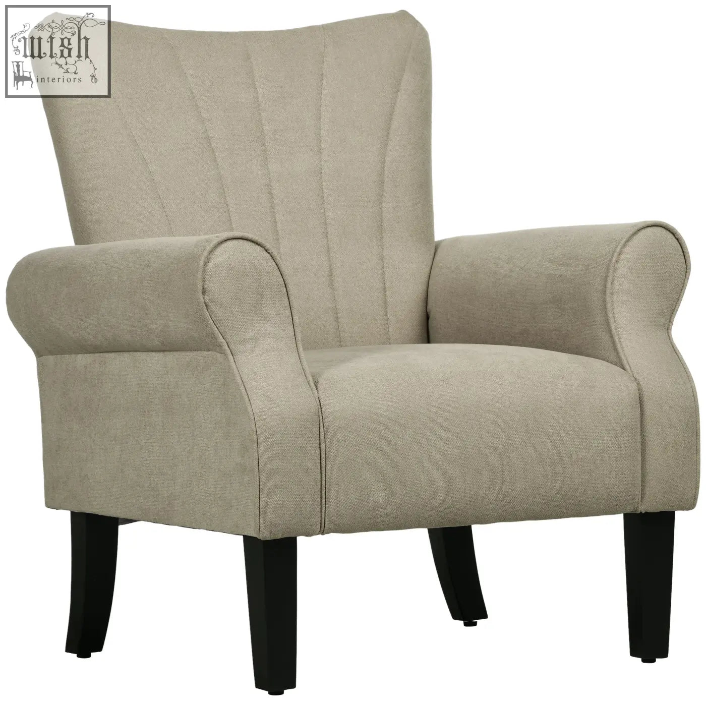 Beige upholstered accent chair with tufted back, curved arms, and wooden frame supported by sleek black legs