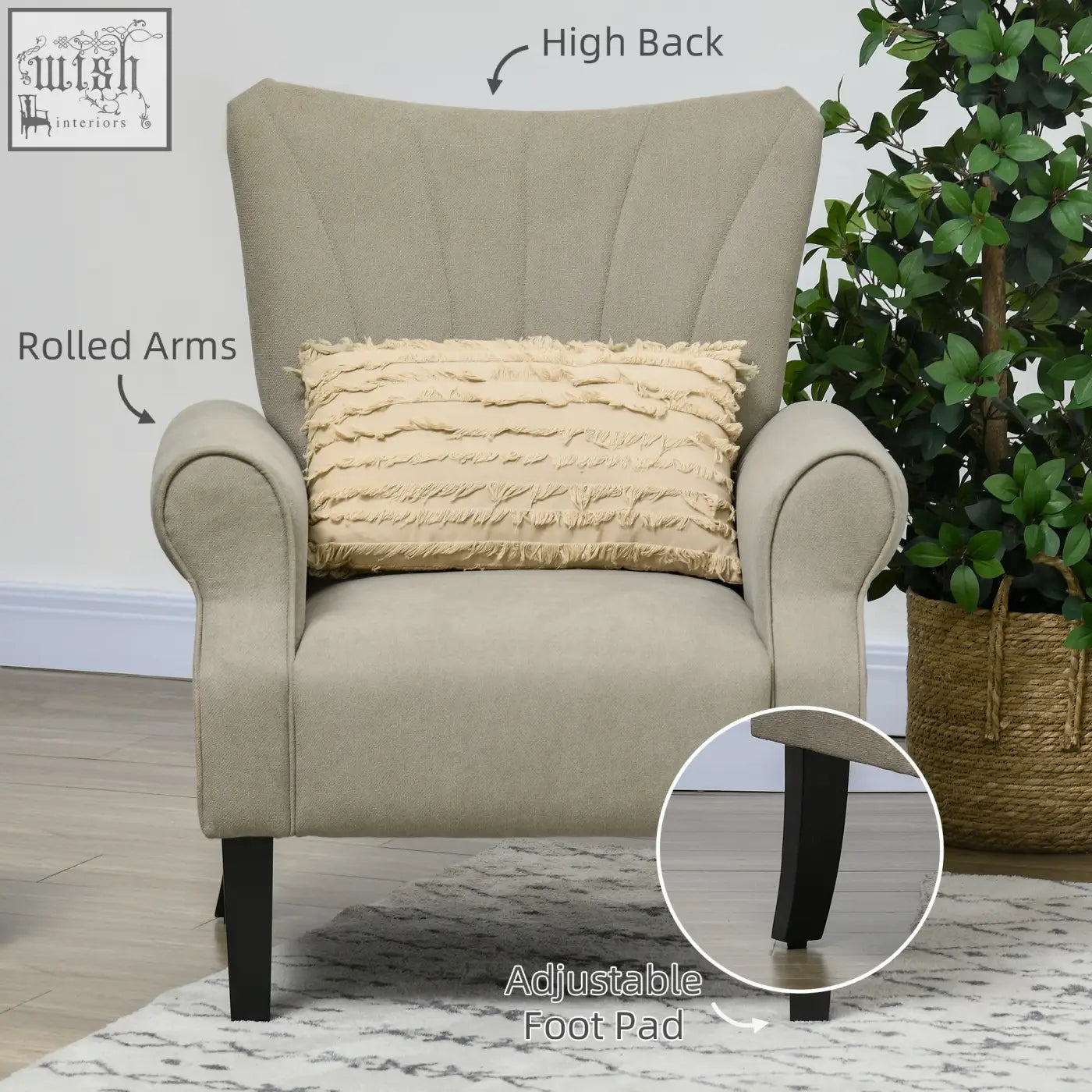 Beige upholstered accent chair with curved arms, high back, soft padding, and dark wooden frame legs by HOMCOM