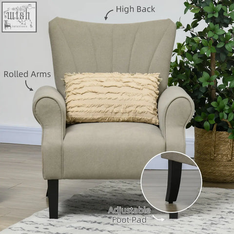 Beige upholstered accent chair with curved arms, high back, soft padding, and dark wooden frame legs by HOMCOM