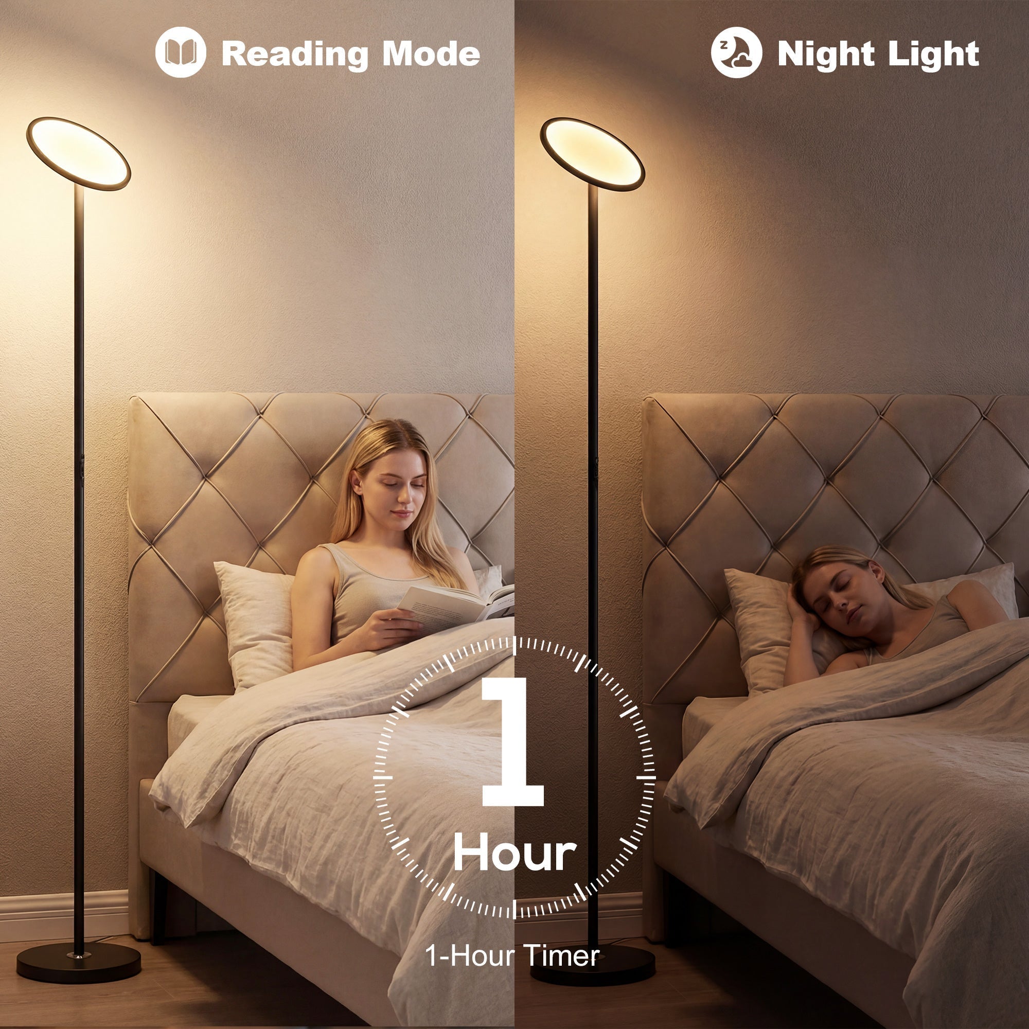 Black uplighter floor lamp with circular glowing head and slim stem for living room use by HOMCOM