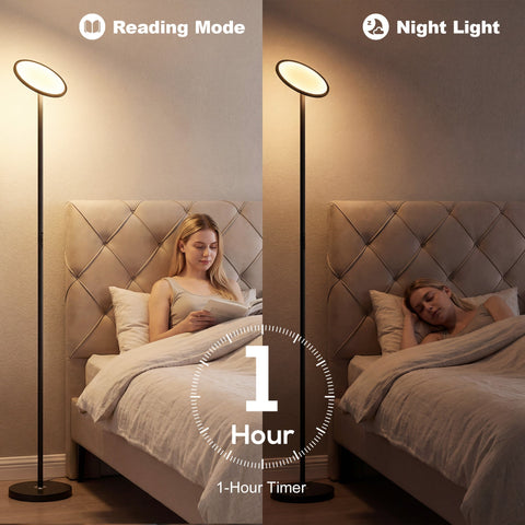Black uplighter floor lamp with circular glowing head and slim stem for living room use by HOMCOM