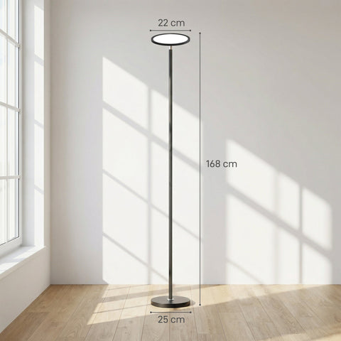Modern black metal uplighter floor lamp with circular illuminated head and adjustable pole for living room use