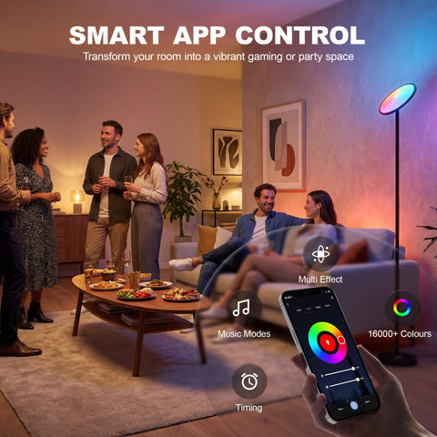 Sleek black uplighter floor lamp with color-changing circular head and app control for living room use