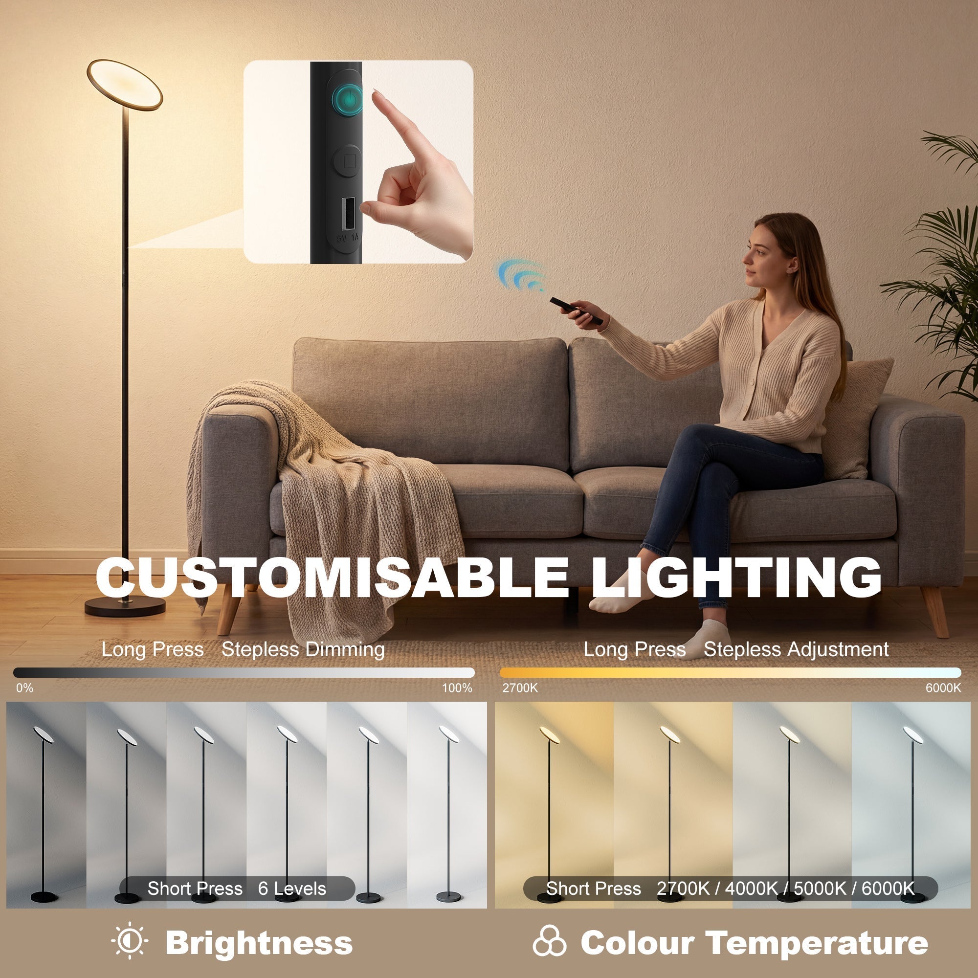 Black modern uplighter floor lamp with adjustable head and customizable led light for living room use