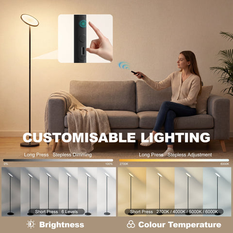Black modern uplighter floor lamp with adjustable head and customizable led light for living room use