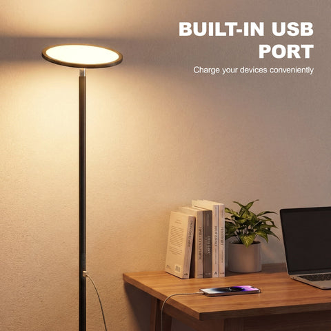 Modern black uplighter floor lamp with warm led light and usb port for convenient charging in living room use