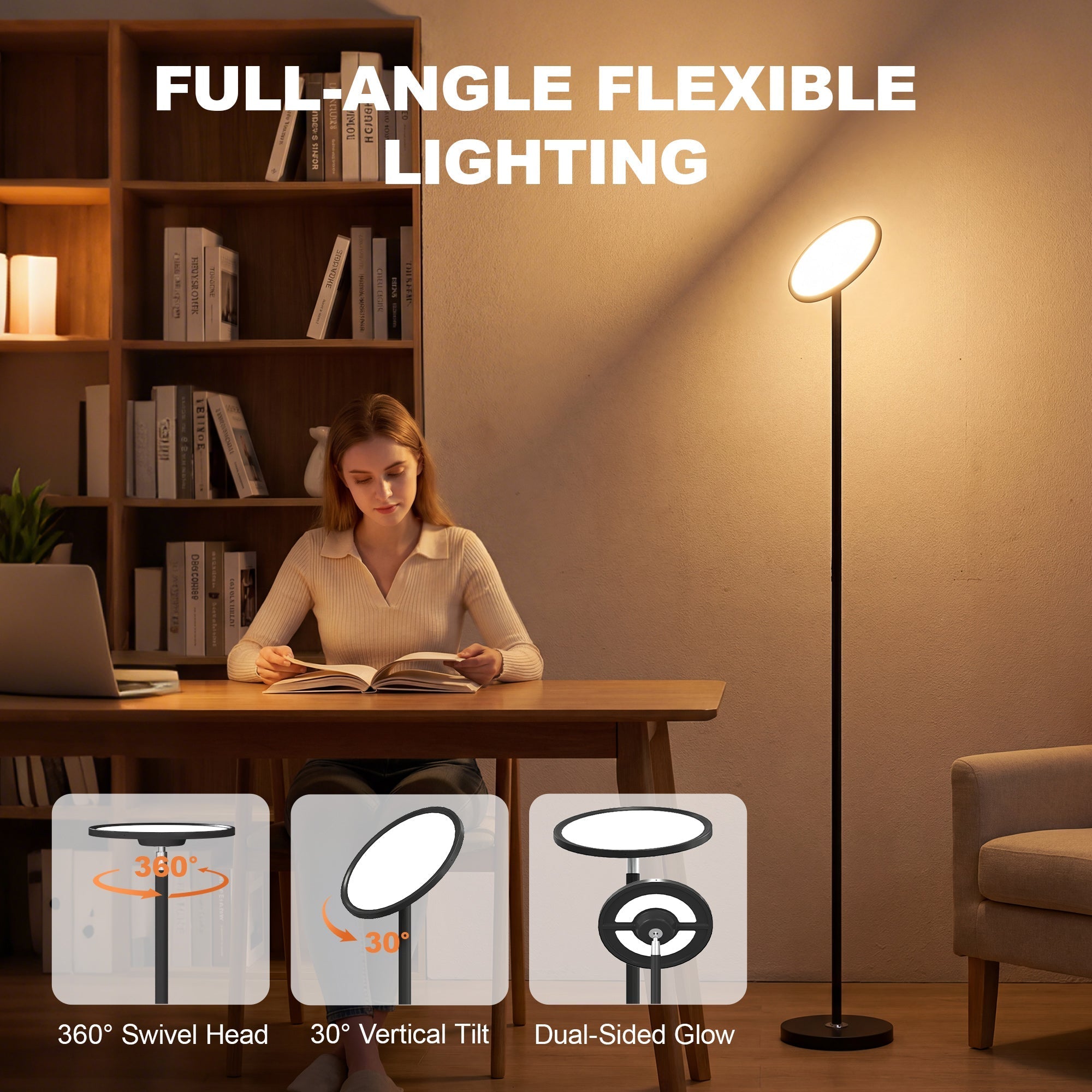 Modern black uplighter floor lamp with adjustable circular head for living room by homcom with tuya app music sync