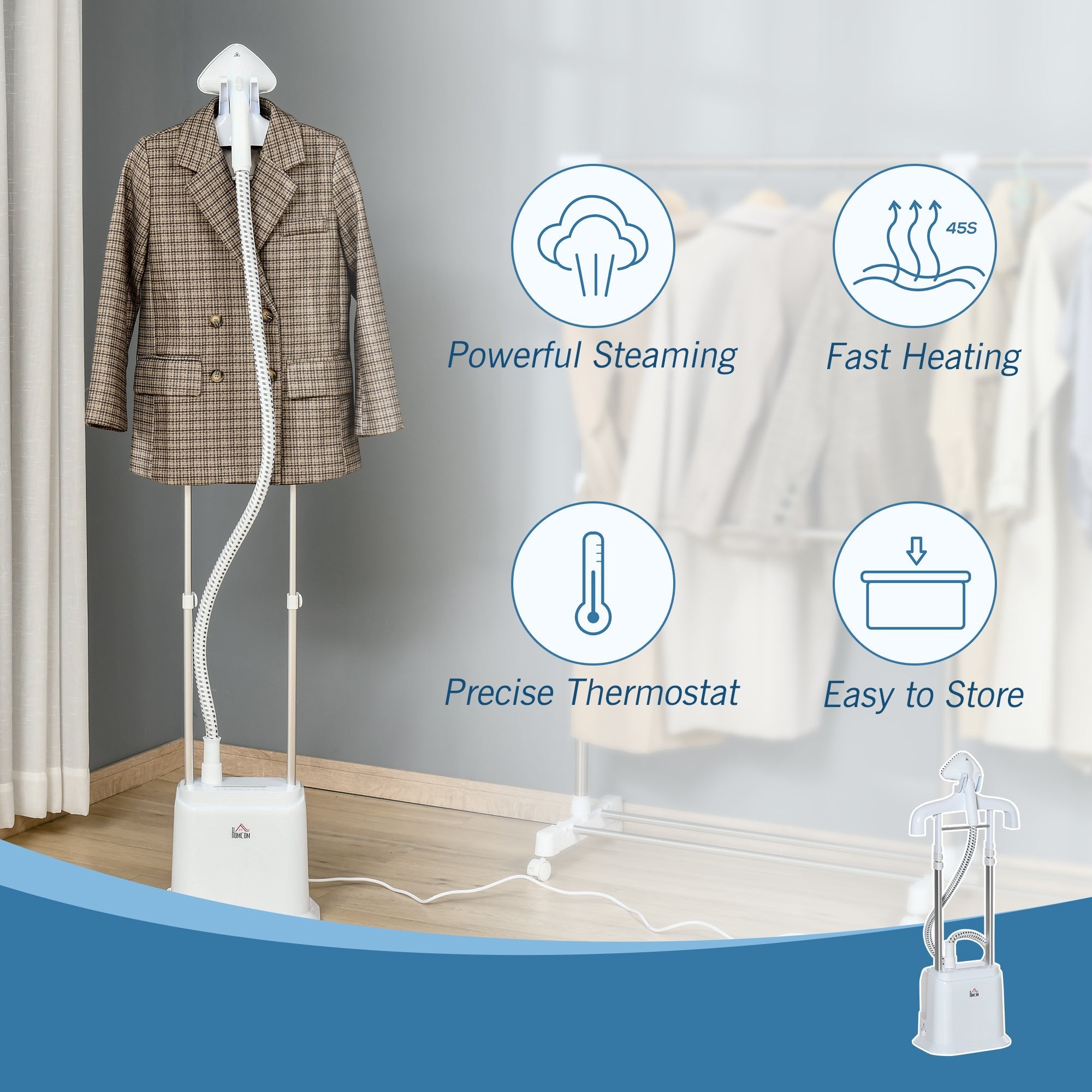 White homcom upright garment steamer with flexible hose, adjustable stand, stable steam, fabric brush, and 1.7l water tank