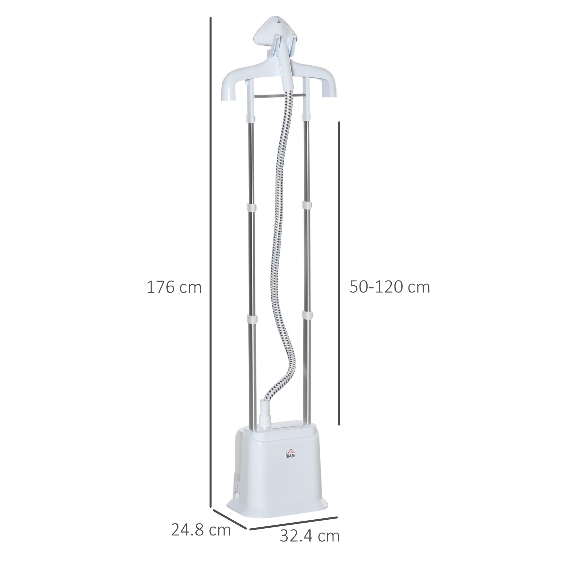 White homcom upright garment steamer with 1.7l water tank, stable steam, chrome pole, fabric brush, and integrated hanger