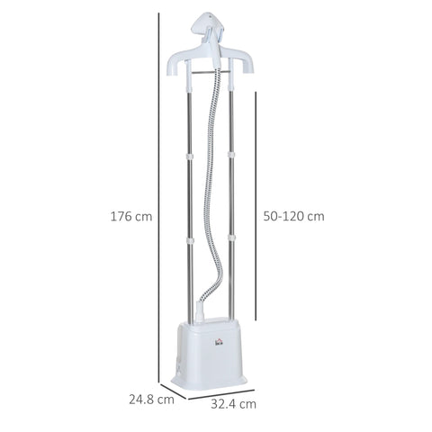 White homcom upright garment steamer with 1.7l water tank, stable steam, chrome pole, fabric brush, and integrated hanger
