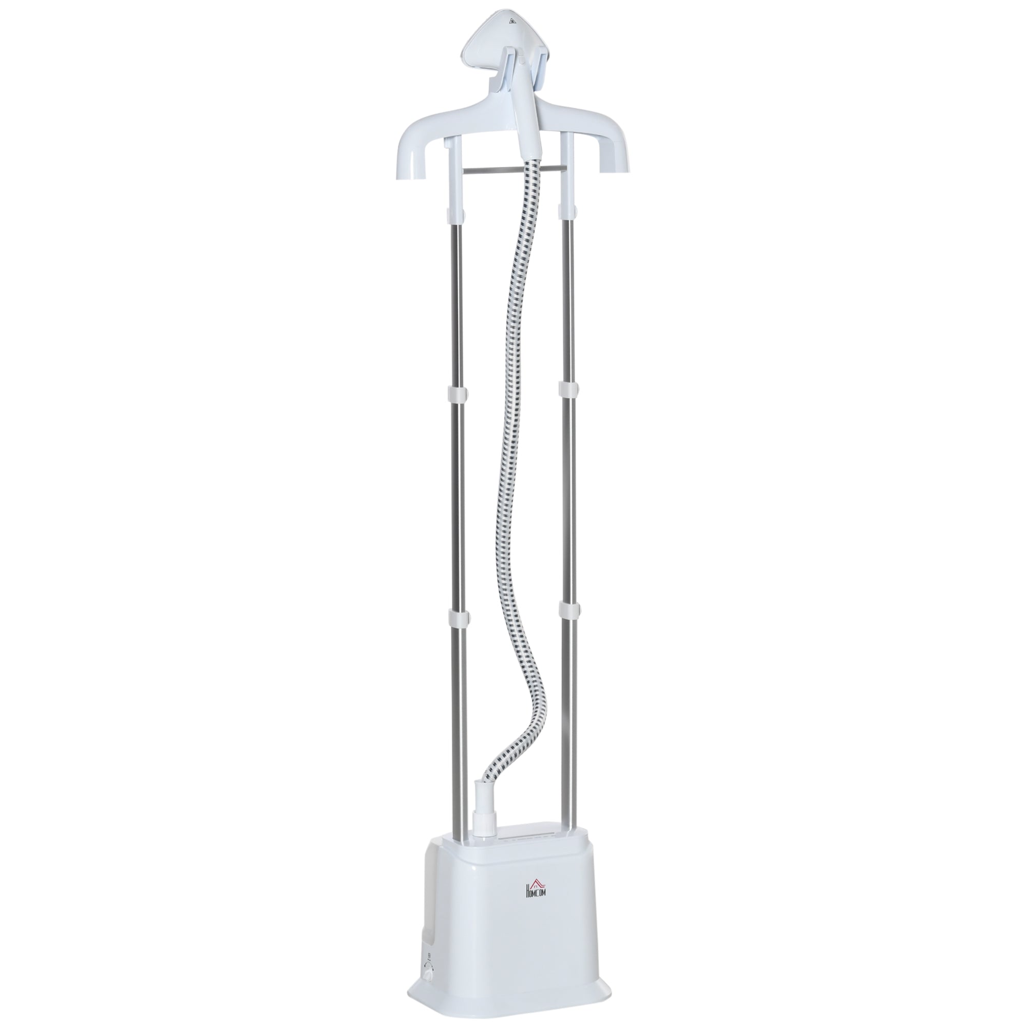 White and silver homcom upright garment steamer with hanger top stable steam and large water tank for wrinkle removal