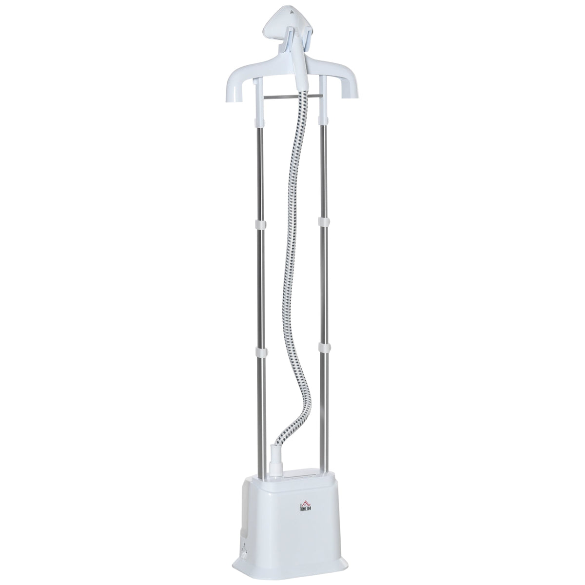 White and silver homcom upright garment steamer with hanger top stable steam and large water tank for wrinkle removal