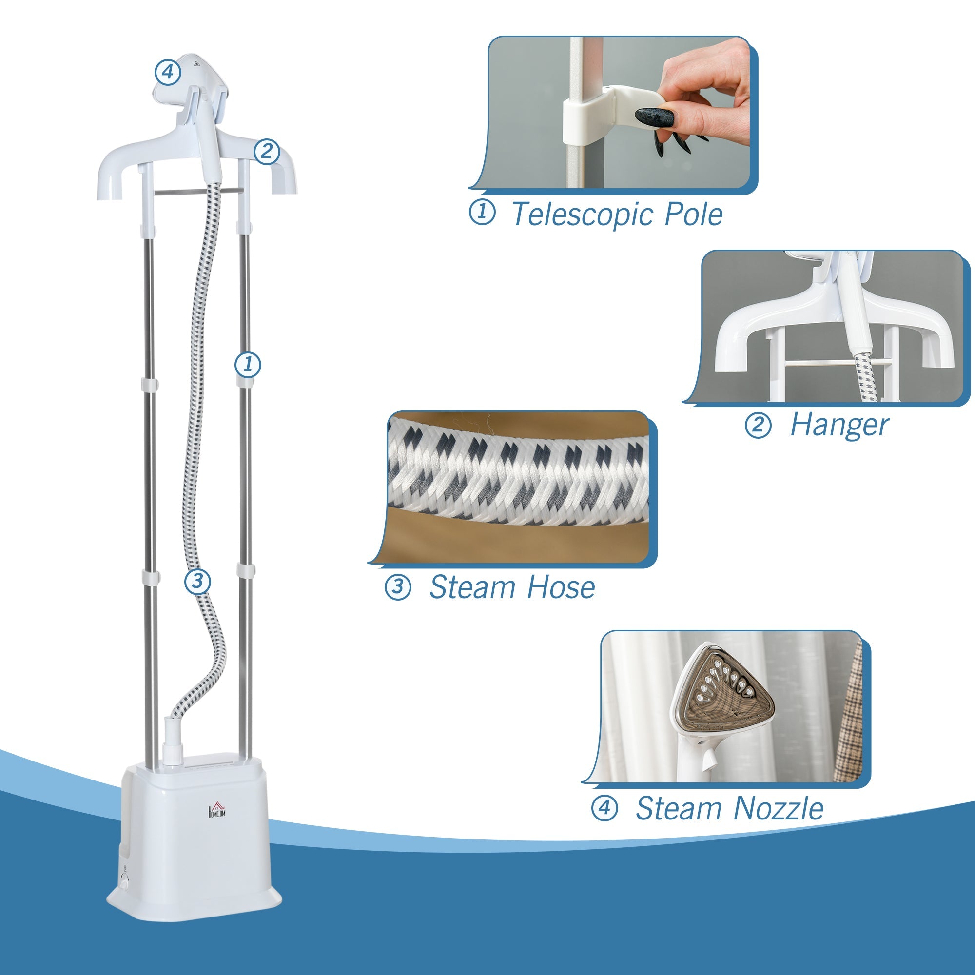 White and silver homcom upright garment steamer with 1.7l water tank stable steam and telescopic pole