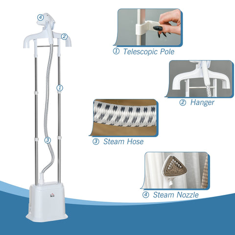 White and silver homcom upright garment steamer with 1.7l water tank stable steam and telescopic pole