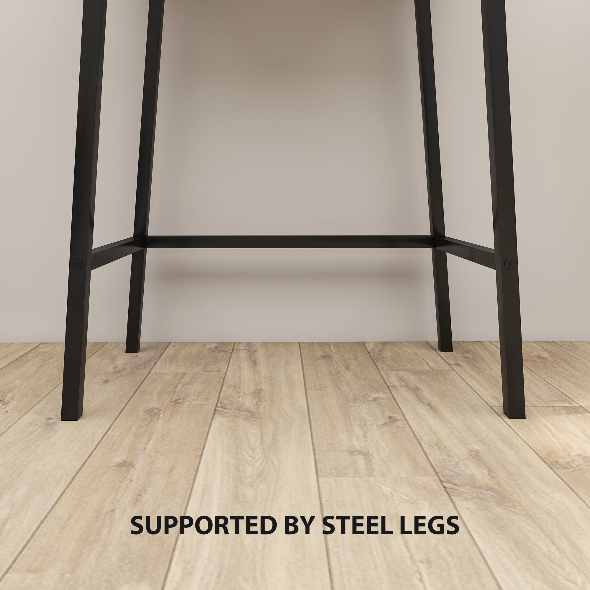 Black steel legs supporting a natural wood effect homcom vanity desk with flip-up mirror and small compartments