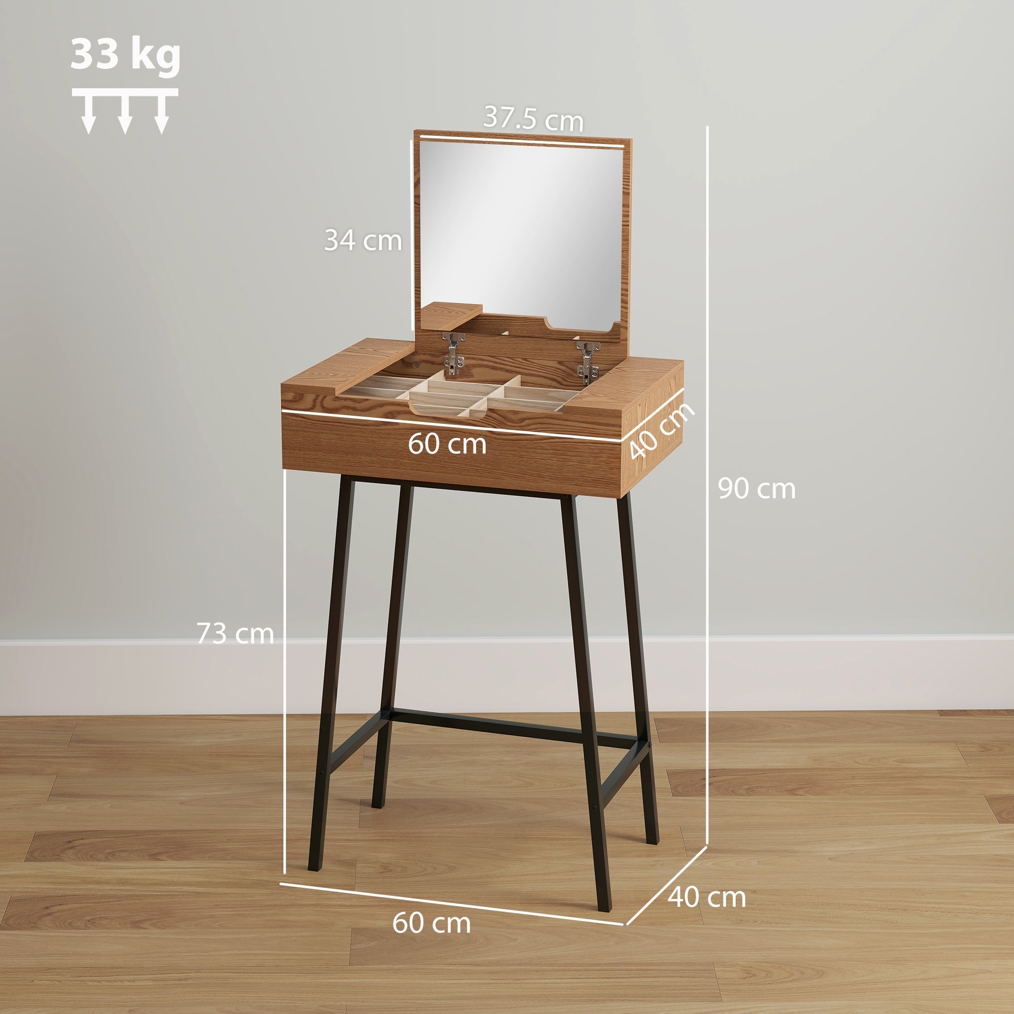 Wooden vanity desk with flip-up mirror and black metal legs in natural wood effect for bedroom use