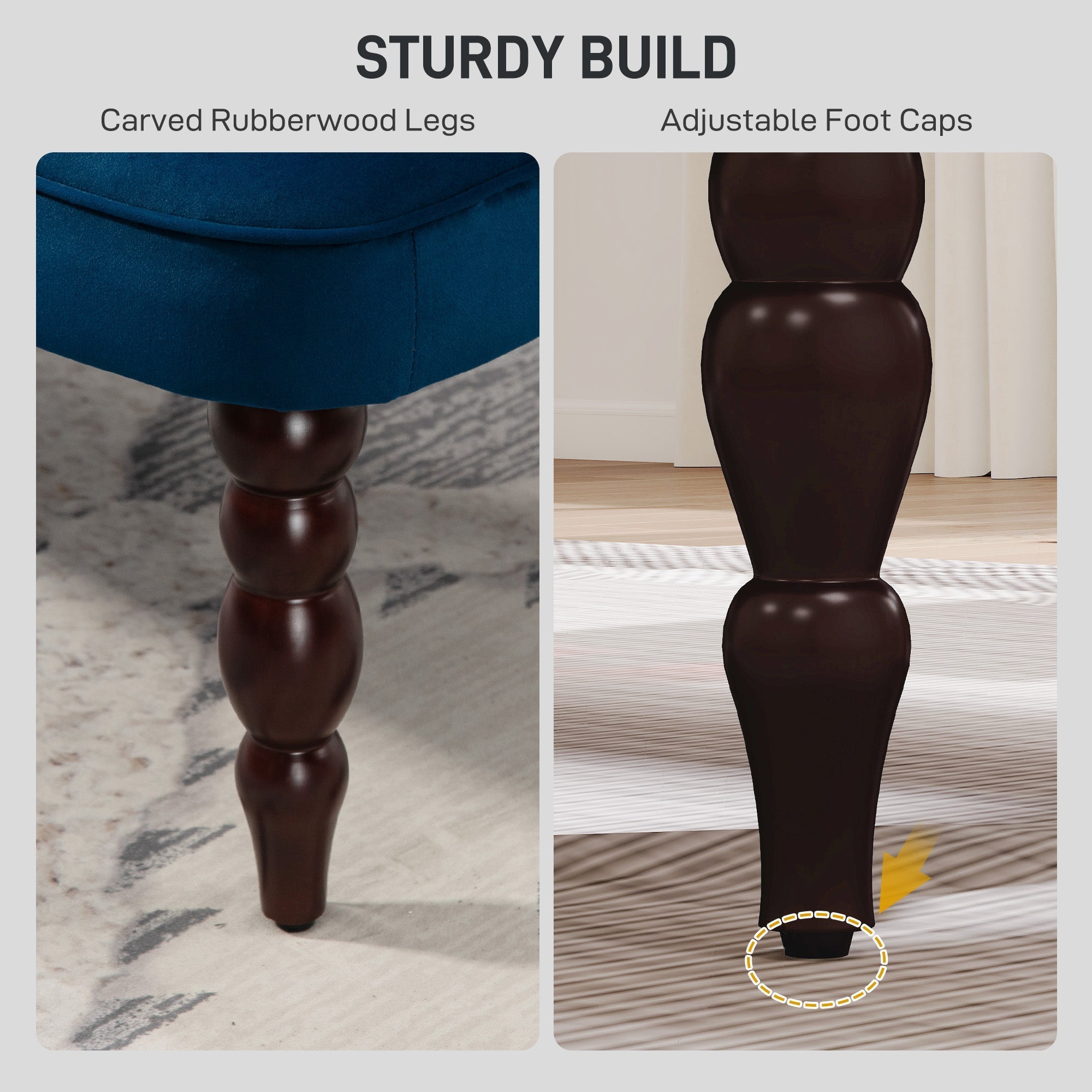 Dark brown carved rubber wood legs with adjustable foot caps on homcom velvet button tufted wingback sofa