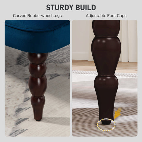 Dark brown carved rubber wood legs with adjustable foot caps on homcom velvet button tufted wingback sofa