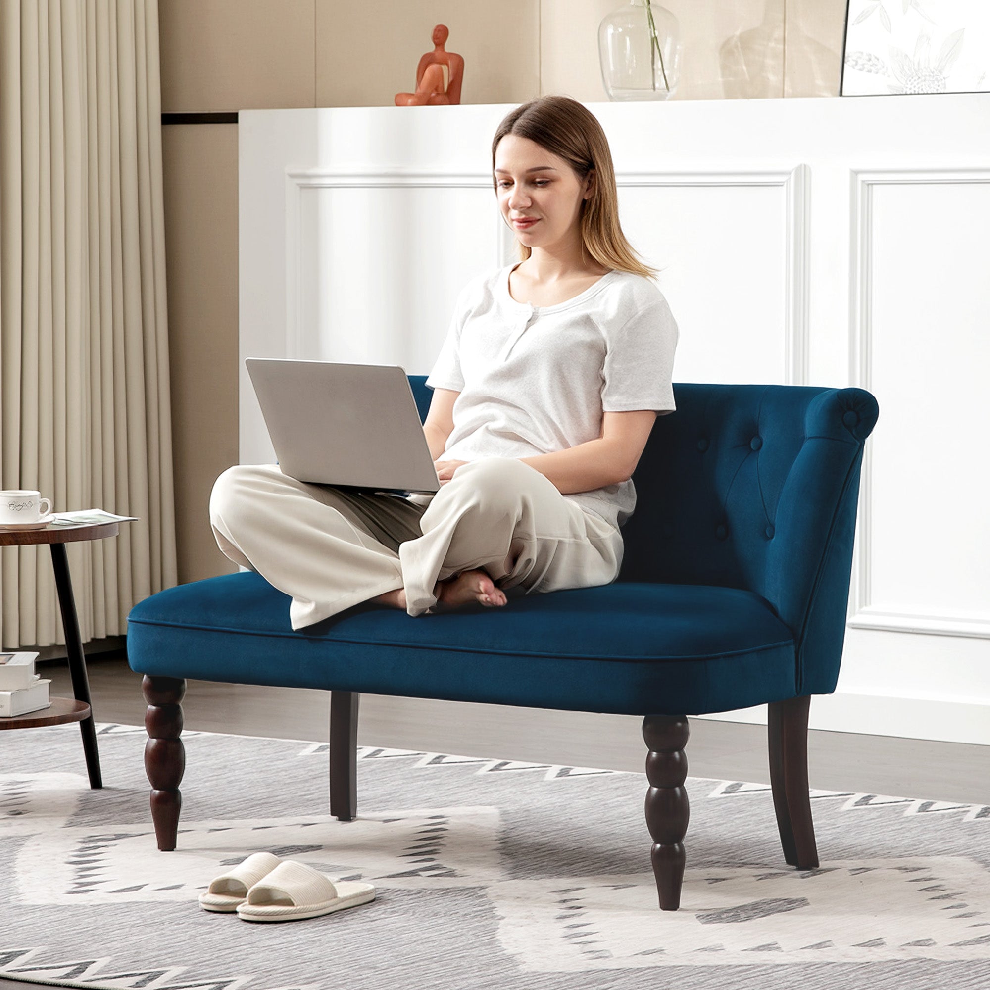 Deep blue velvet 2 seater loveseat with button tufted wingback and rubber wood legs for living room use