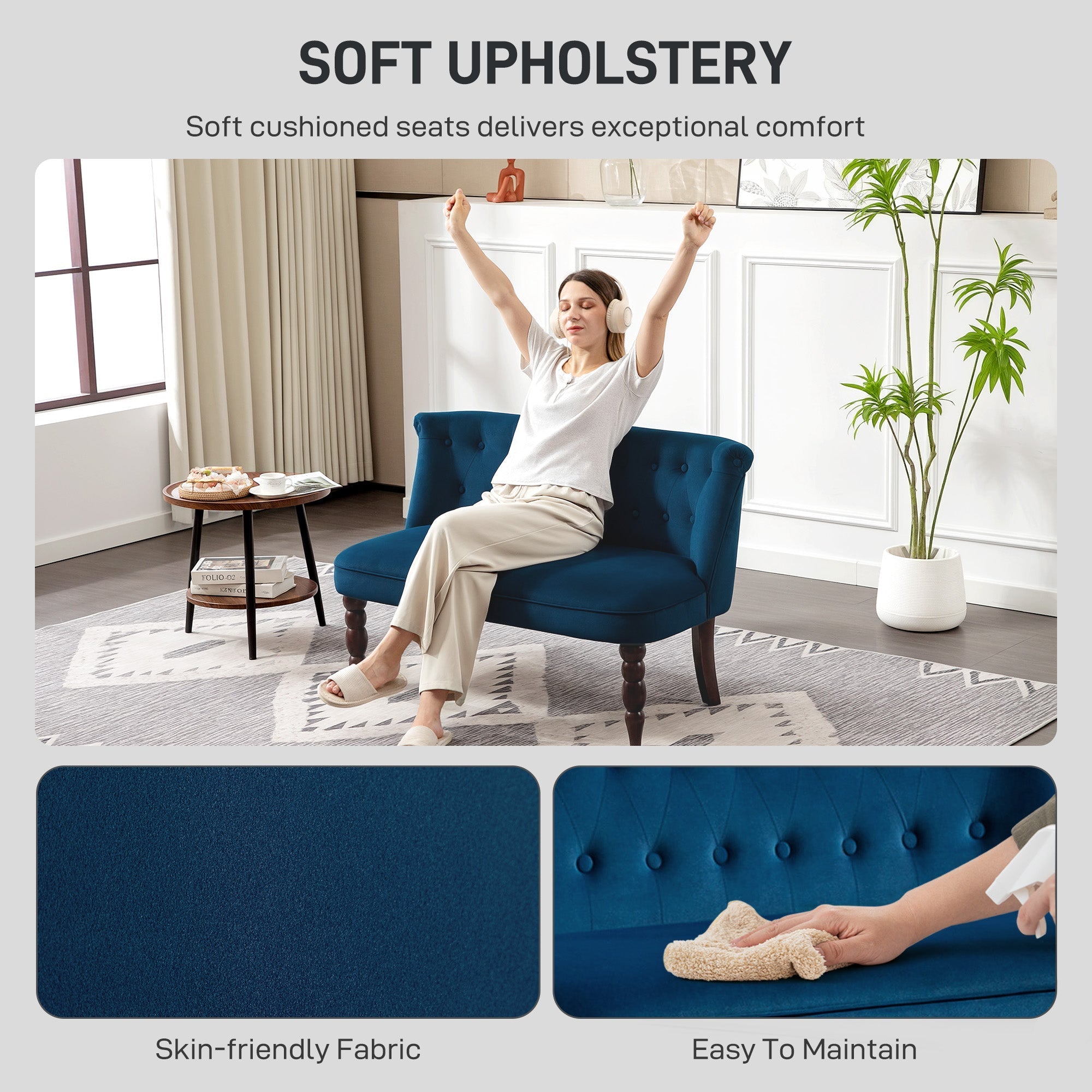 Deep blue velvet 2 seater sofa with button tufted wingback and rubber wood legs for living room or bedroom