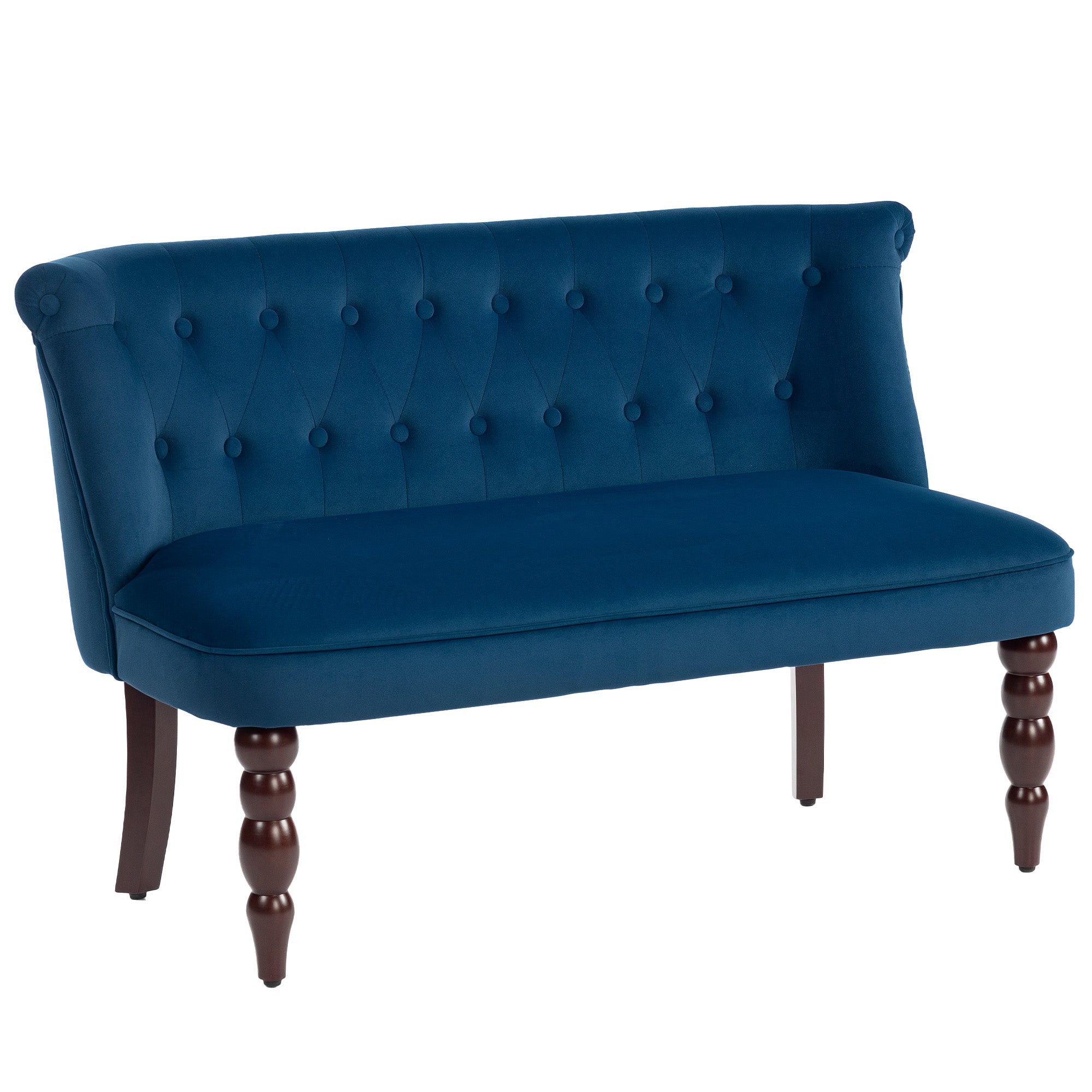 Deep blue velvet button tufted wingback loveseat with rubber wood legs for living room or bedroom seating