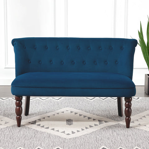 Deep blue velvet 2 seater loveseat with button tufted wingback and rubber wood legs for living room or bedroom