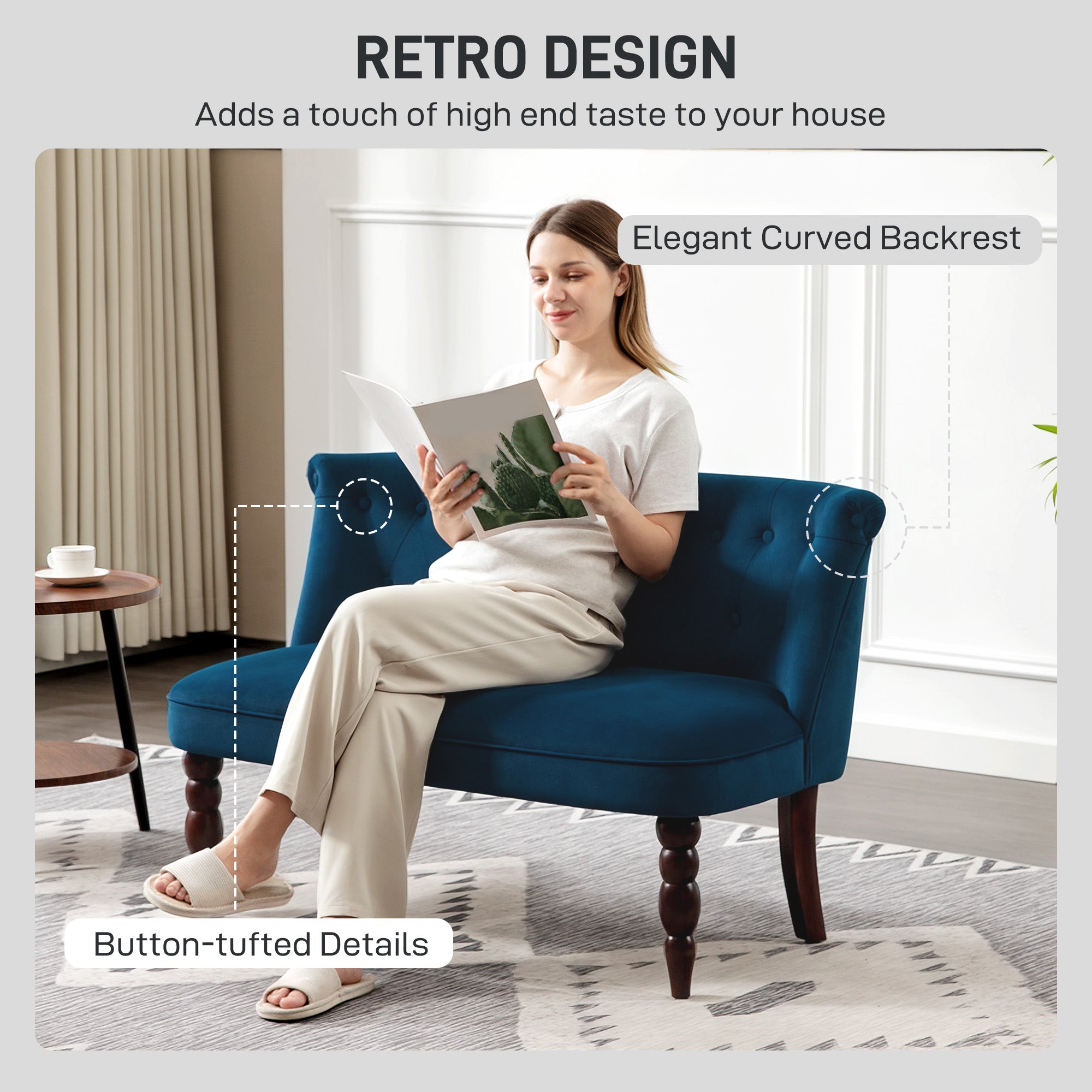 Deep blue HOMCOM velvet 2 seater sofa with button tufted wingback and rubber wood legs for living room
