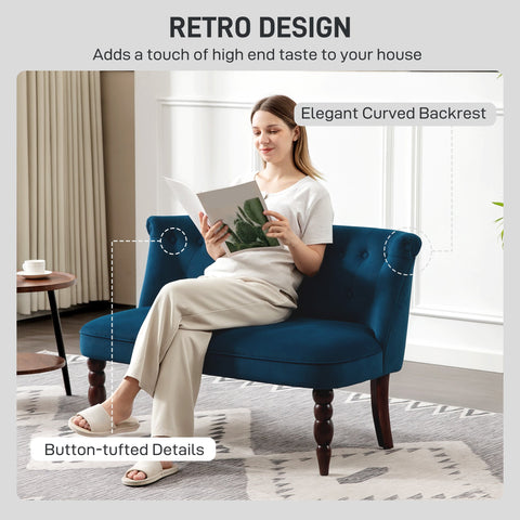 Deep blue HOMCOM velvet 2 seater sofa with button tufted wingback and rubber wood legs for living room