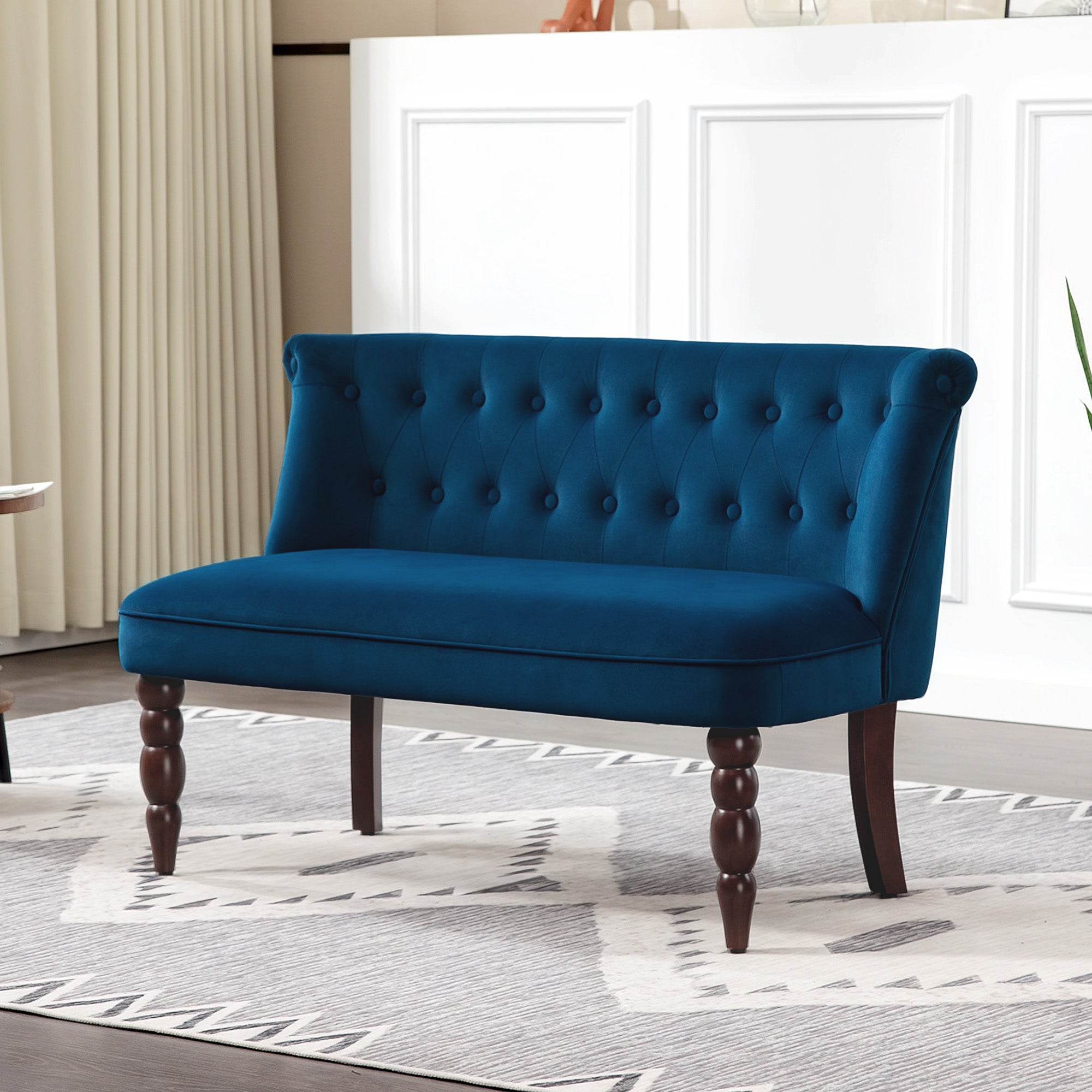 Deep blue velvet button tufted wingback loveseat with rubber wood legs for living room or bedroom seating