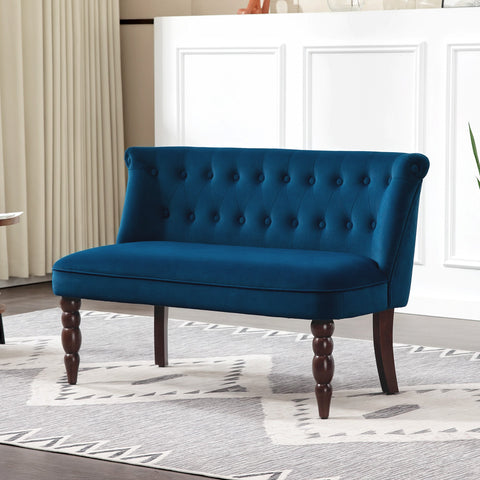 Deep blue velvet button tufted wingback loveseat with rubber wood legs for living room or bedroom seating