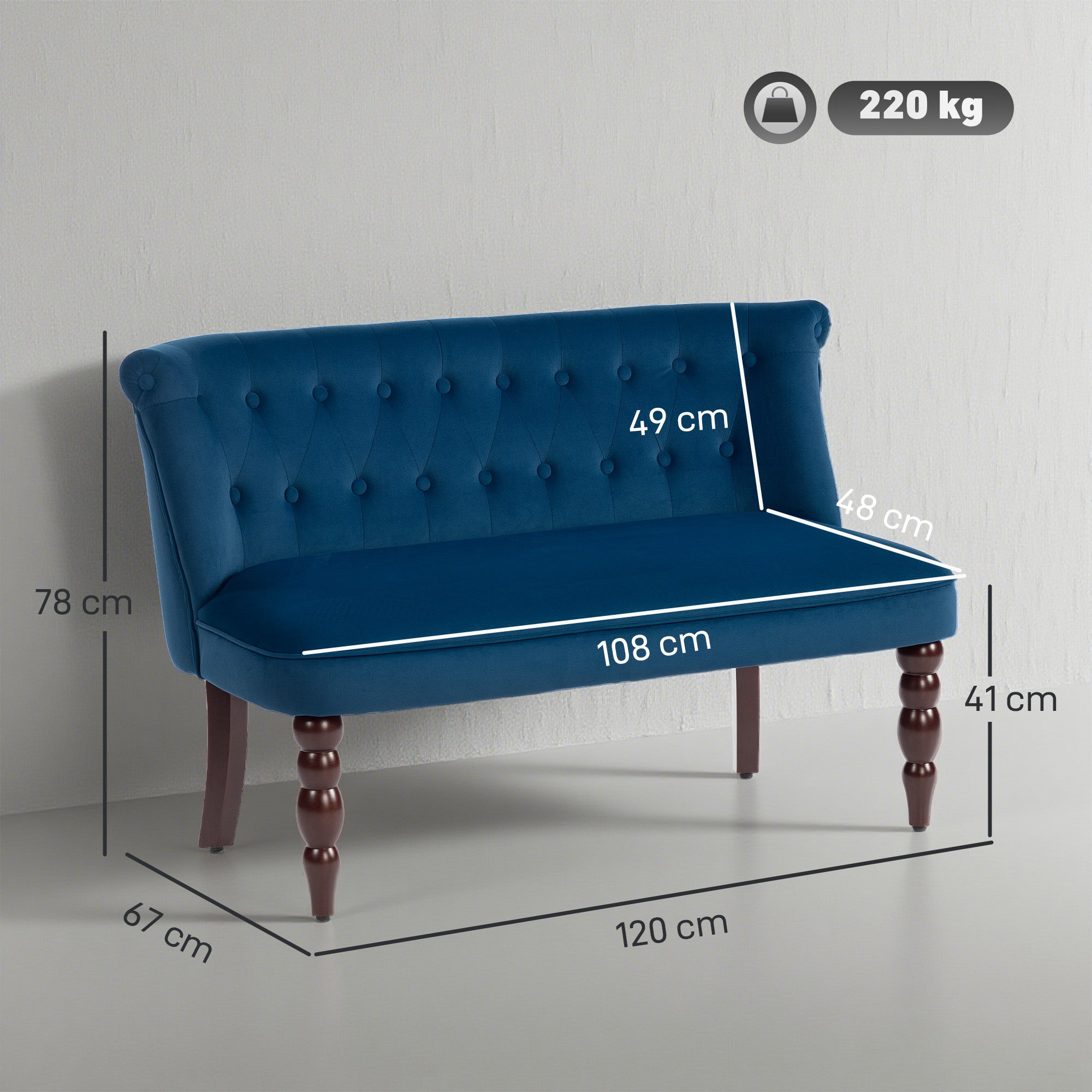 Deep blue velvet button tufted wingback loveseat with rubber wood legs perfect for living room or bedroom